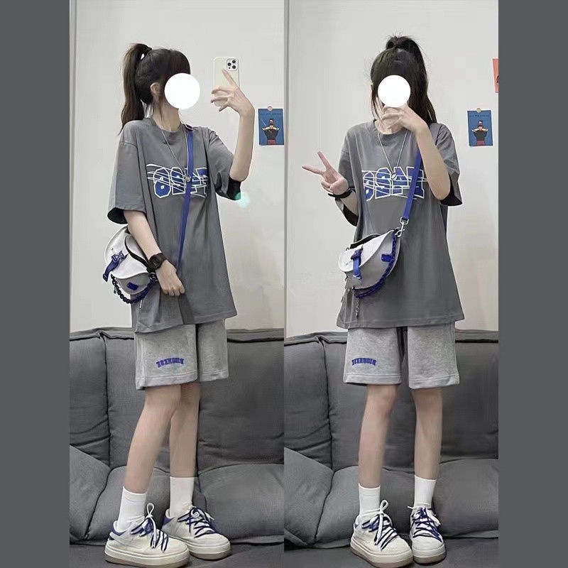 Set Áo Thun Tay Ngắn Form Rộng In Họa Tiết + Quần Short Thời Trang Hàn Quốc Cho Nữ