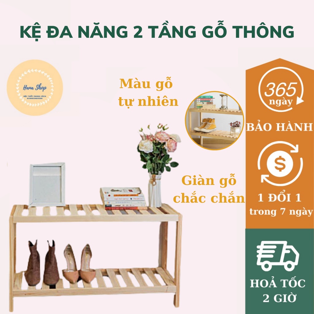 Kệ Đa Năng Gỗ 2 Tầng - Chất Liệu Gỗ Thông Tự Nhiên | Kệ Đa Năng Bằng Gỗ Dài 80cm, Cao 50cm, Rộng 26cm Hana Shop