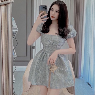 Váy gấm nhăn nơ ngực