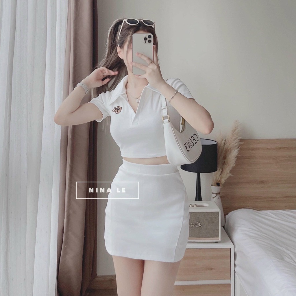 Set áo polo croptop thêu gấu kèm chân váy ôm body cực dễ thương cho nàng đi chơi dự tiệc cực xinh