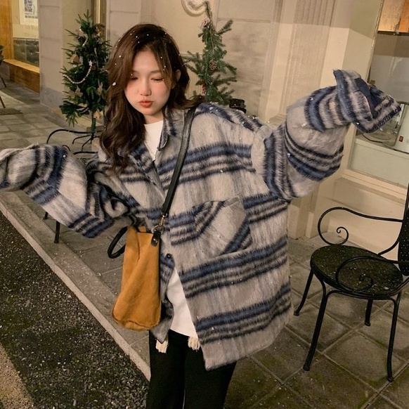 ZHELIHANGFEI Áo Khoác Len Tay Dài Cổ POLO Form Rộng Họa Tiết Kẻ Sọc Hợp Thời Trang