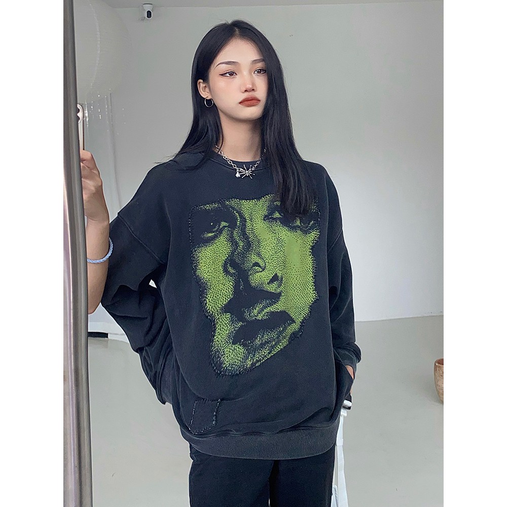 Áo sweater cổ tròn dáng rộng phong cách hip hop trẻ trung cho cặp đôi