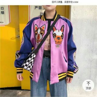 Áo khoắc bomber hồng pha tay xanh cá tính