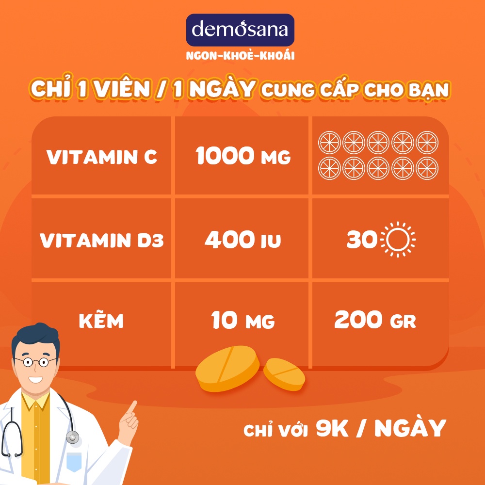 Viên uống bổ sung Vitamin C Demosana C1000 Kẽm D3  sáng da, mờ thâm, tăng cường đề kháng tuýp 20 viên