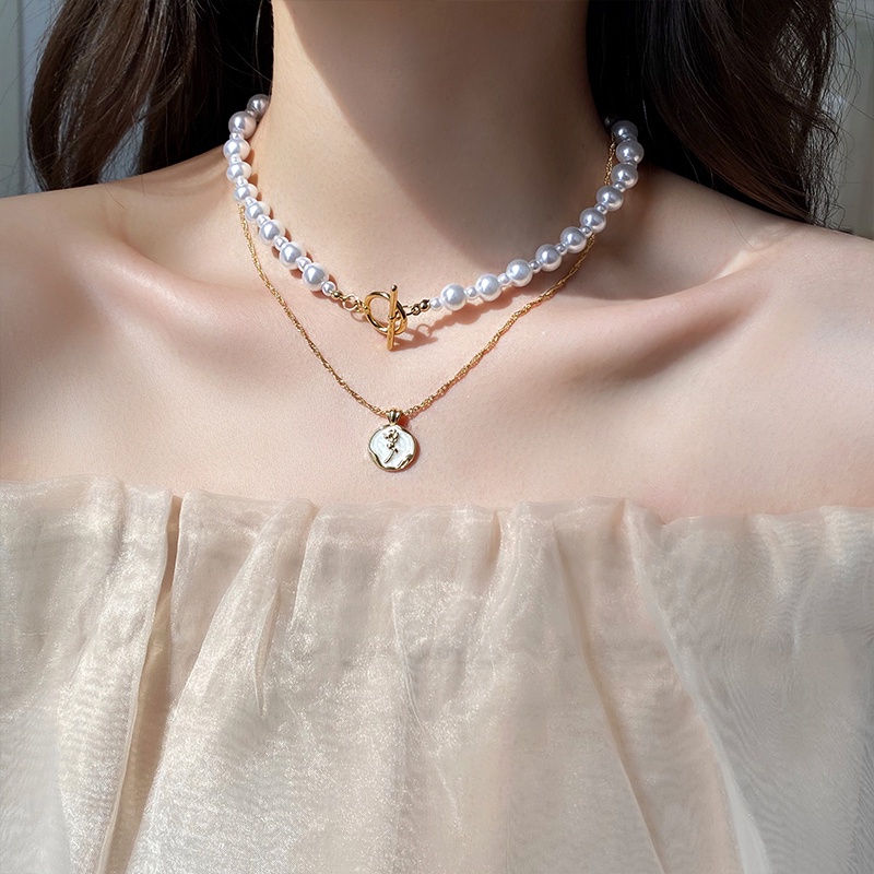 IF ME Vòng Cổ Choker Hai Lớp Mặt Hoa Đính Ngọc Trai Thanh Lịch Cho Nữ