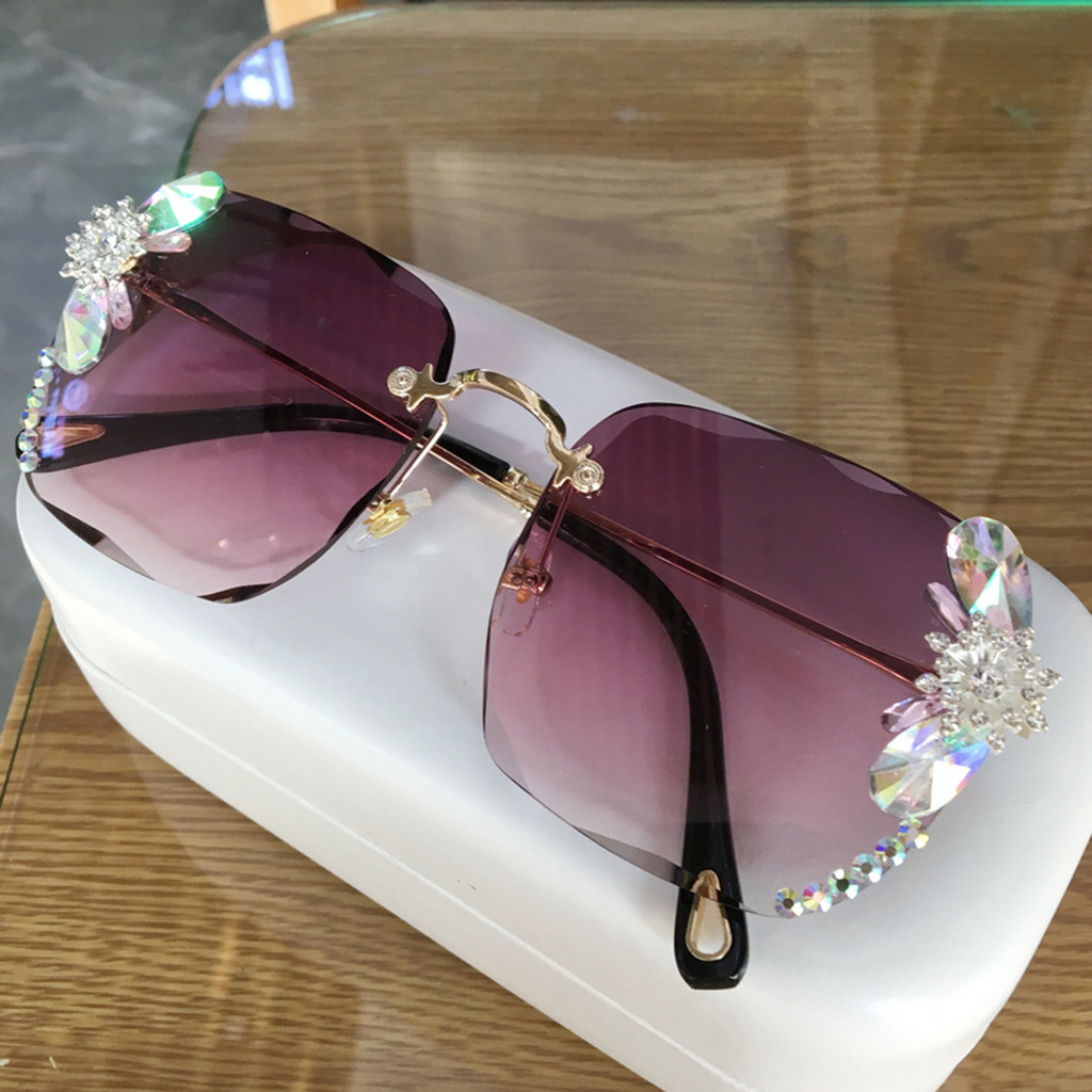 CODseller Women Sunglasses Rhinestones Gradient Color Lens Anti Ultraviolet Rimless Eye Protection Glasses Eyewear for Outdoor