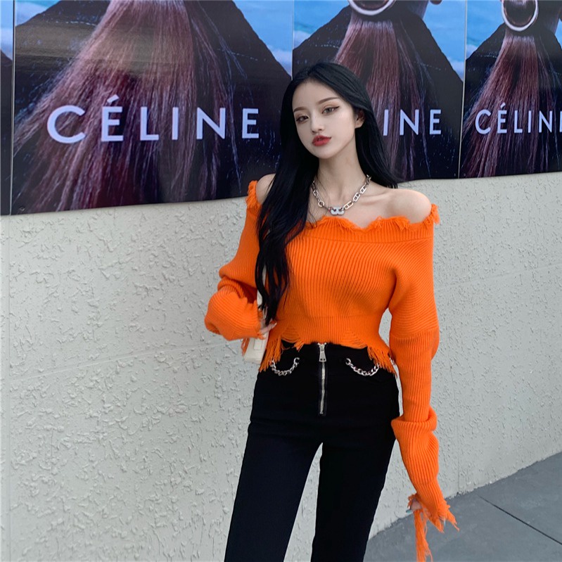 Áo Sweater Tay Dài Lệch Vai Phong Cách Hàn Quốc Thời Trang Cho Nữ