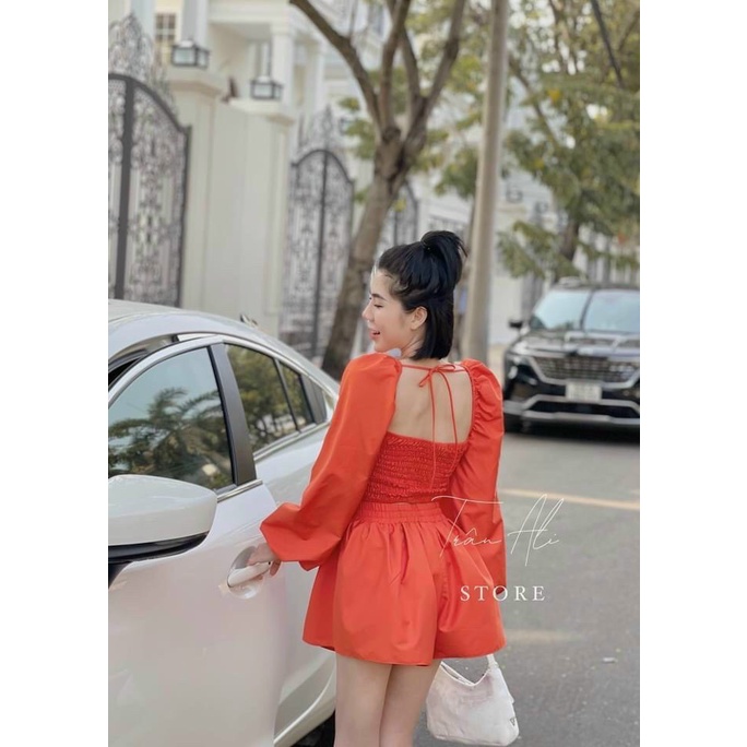 [8.8 Sales Freeship] Set bộ đùi áo tay dài nhún hở ngực cột dây sau lưng kèm quần sooc đùi phồng đi biển cực xinh dx