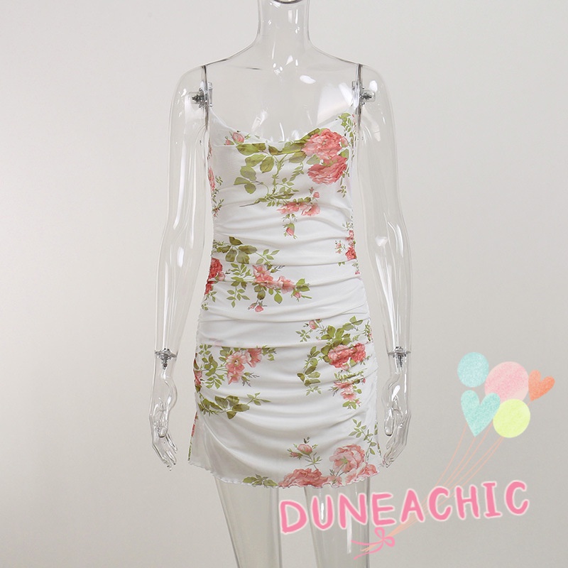 DUNEA Đầm hai dây ôm dáng phối lưới họa tiết hoa thời trang quyến rũ dành cho nữ