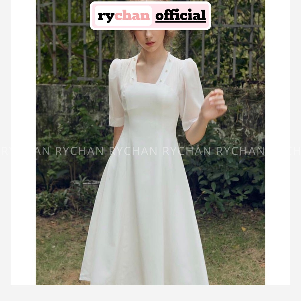 Đầm Trắng Xòe Công Chúa Cổ Vuông Phối Lưới Đính Hạt Lót Trong Dày Dặn - DX495