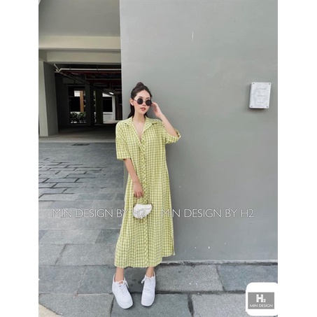 Váy sơ mi nữ họa tiết caro tay lở thời trangI Trần Hân Shop 3007315