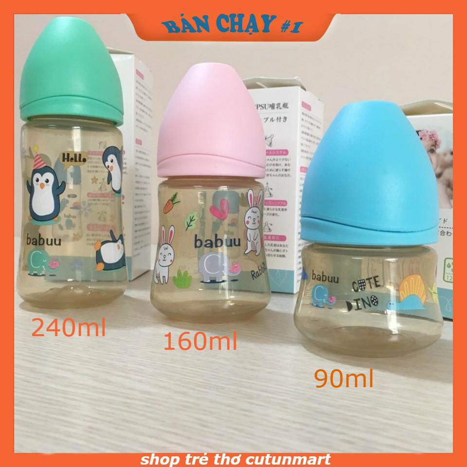 Bình sữa cổ rộng nắp sóng Babuu Baby nhựa PPSU không chứa BPA ( tặng kèm 1 núm ti thay thế) 90ml,150ml,240ml Nhật Bản