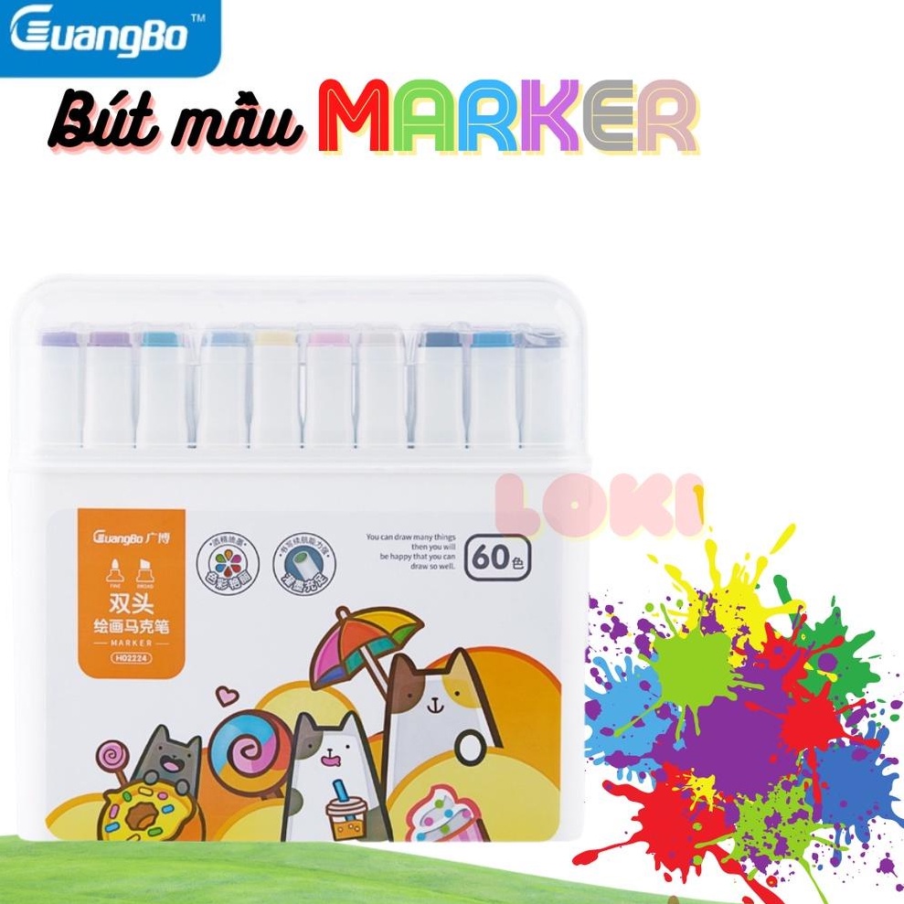 Bút dạ màu marker thân lớn 2 đầu GuangBo 5 cỡ 12-24-36-48-60 màu GUBH02220-24,bút dạ mầu Marker cao cấp hộp nhựa -LOKI
