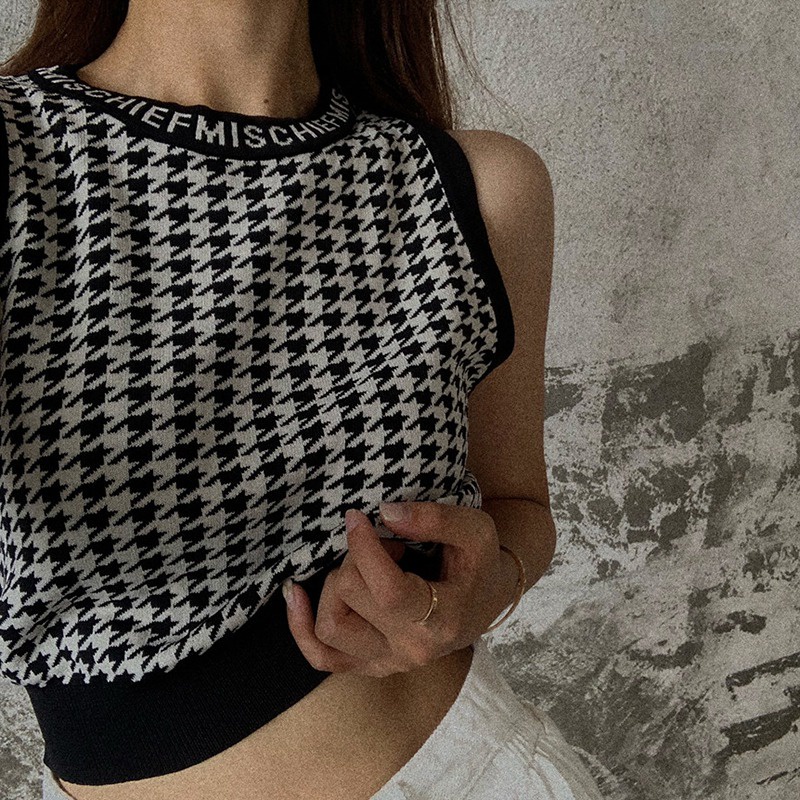 Áo croptop sát nách hoạ tiết in phong cách Retro Hàn Quốc cho nữ