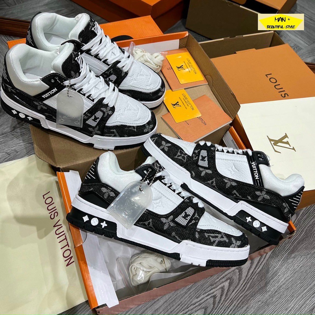 Giày Louis Vuitton LV Trainer Monogram Denim  màu đen, đỏ, xanh lá, xanh đậm. Giày LV nam nữ siêu chất hot hit 2022