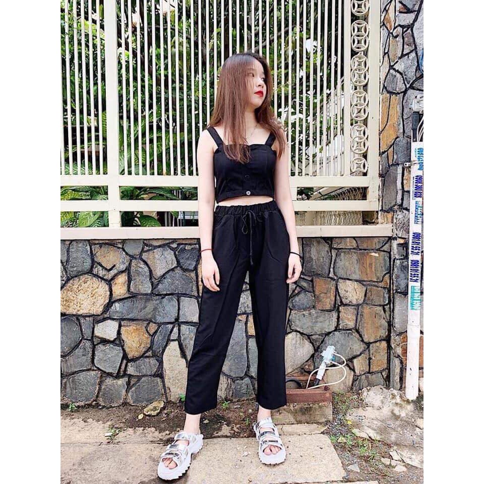 SET ÁO CROPTOP 2 DÂY QUẦN BAGGY ĐŨI HOT
