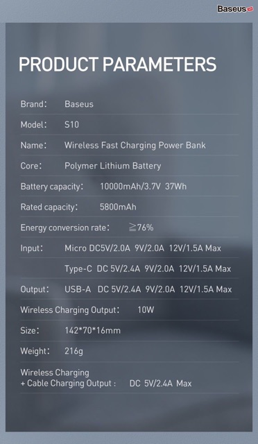 Pin dự phòng tích hợp sạc nhanh không dây Baseus S10 Bracket Power Bank 10,000 (10W Wireless, 18W PD/ Quick Charge 3.0)