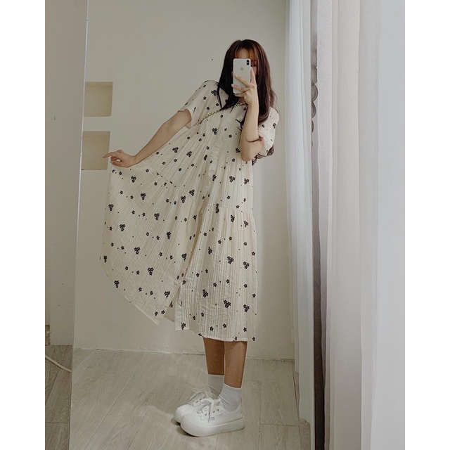 Đầm babydoll voan hoa hồng đen 888