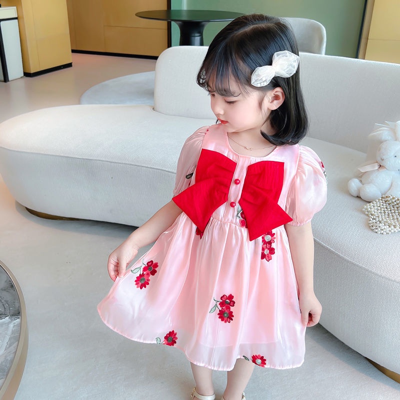 Đầm Tay Phồng Ngắn Thêu Họa Tiết Thắt Nơ Thời Trang Mùa Hè Hàn Quốc Mới Cho Bé Gái 2022