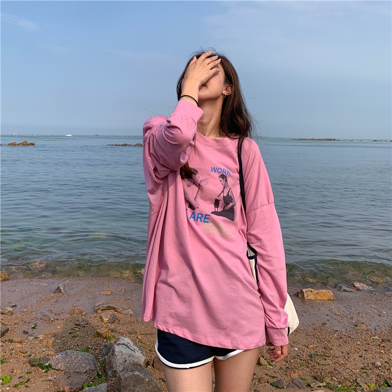 Áo thun tay dài cổ tròn phong cách Hàn Quốc thời trang mùa thu cho nữ 4 màu