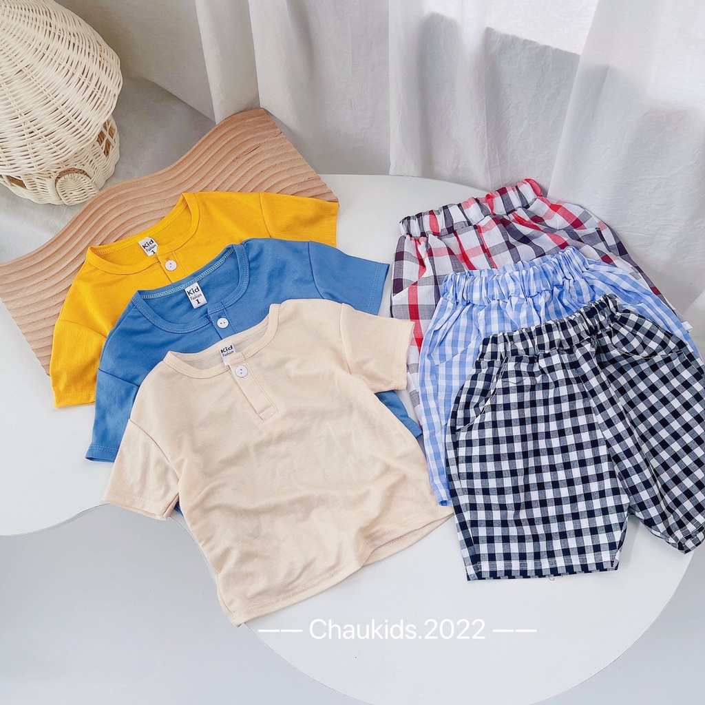 Bộ cộc tay bé trai, bộ áo cotton đũi đơn giản kèm quần thô kẻ cho bé