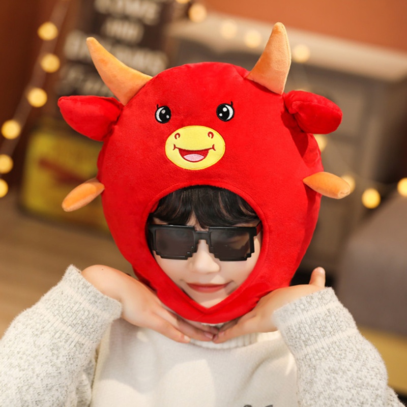 Mũ Nhồi Bông Hình Chú Bò Đỏ Ox Vui Nhộn Hóa Trang Năm Mới