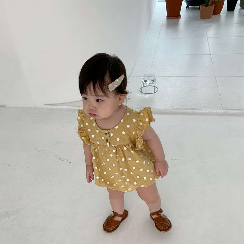 Bộ Áo Liền Quần Sát Nách Cài Nút Họa Tiết Chấm Bi Thời Trang Cho Bé Gái