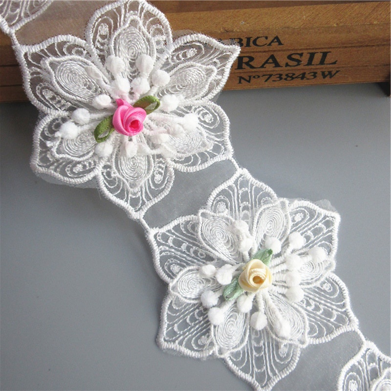 Cuộn Dây Ruy Băng Vải Ren Cotton Rộng 8cm Thêu Hoa Lục Giác 3D Dài 1 Yard Dùng May Trang Phục Thủ Công