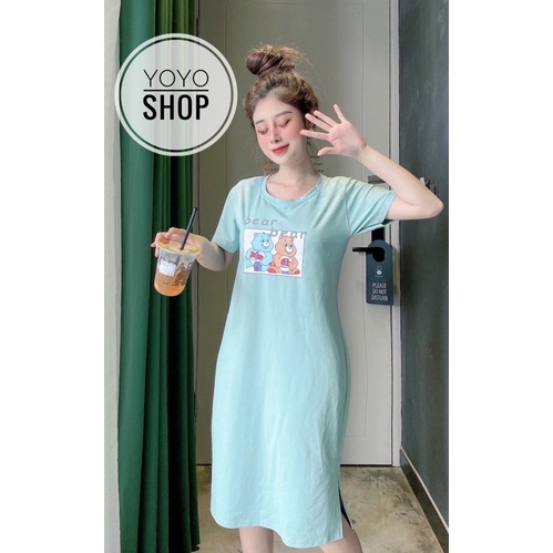 ĐẦM THUN THÁI DÁNG SUÔNG CHO NỮ TAY NGẮN CỔ TRÒN XẺ TÀ IN CHỮ FORM DƯỚI 60KG | BigBuy360 - bigbuy360.vn