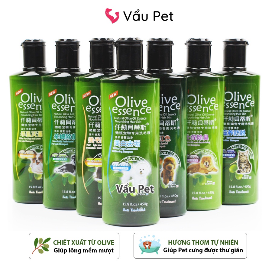 Sữa tắm cho chó Olive Essence 450ml poodle, lông trắng, mèo - Sữa tắm chó mèo Vẩu Pet Shop