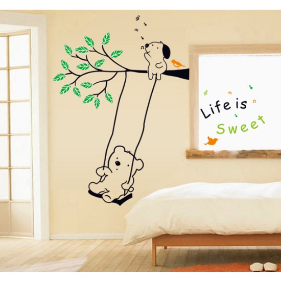 Decal trang trí tường Gấu chơi xích đu Life is sweet