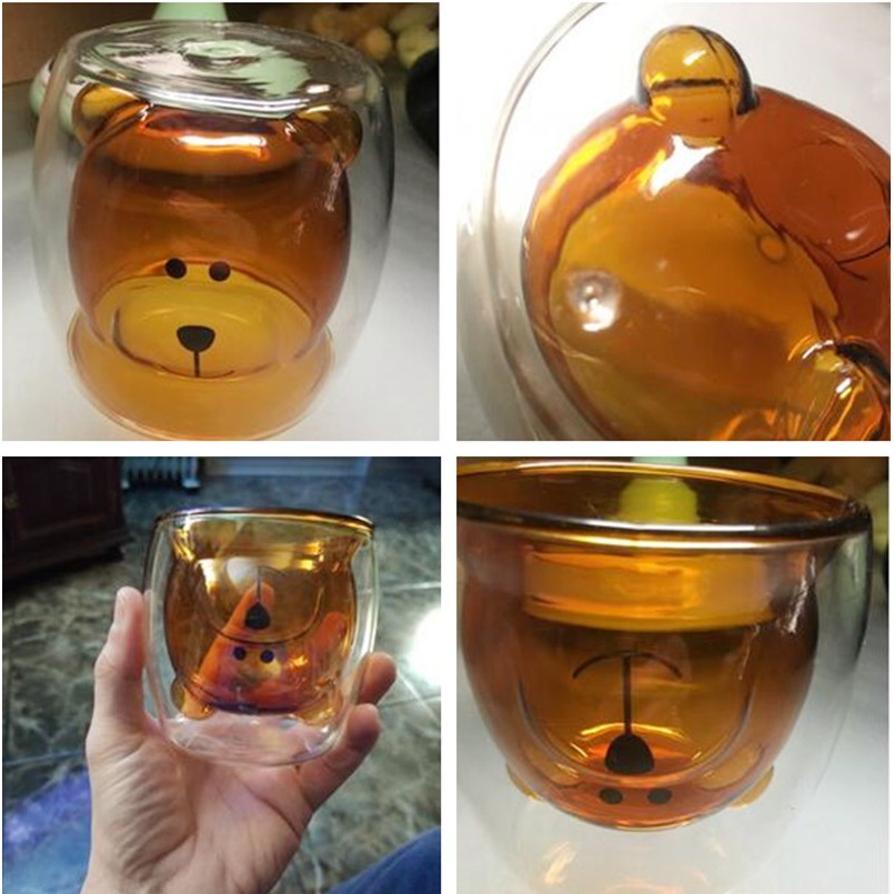 250ml Cute Bear Mug Double Layer Lead-Free Glass Cups Transparent Crystal Heat-resistant Milk Drink Water Juice Coffee Mugs Ice Cream Cup