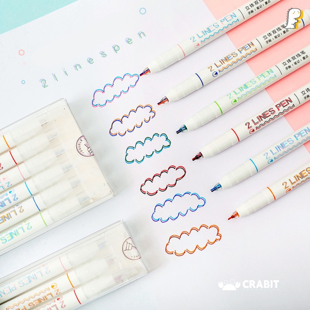 Bút gel màu 0.5mm 2 ngòi nhiều màu 2 line mực gel Crabit Set 6 bút