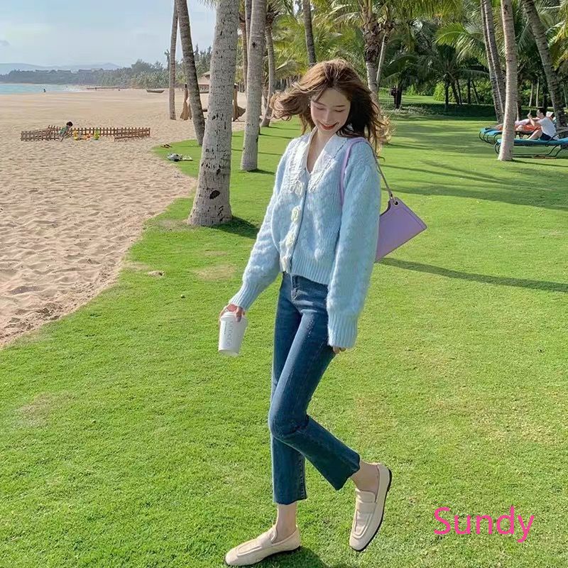 Áo cardigan dệt kim tay dài cổ tròn dáng rộng phối nút thời trang mùa thu cho nữ