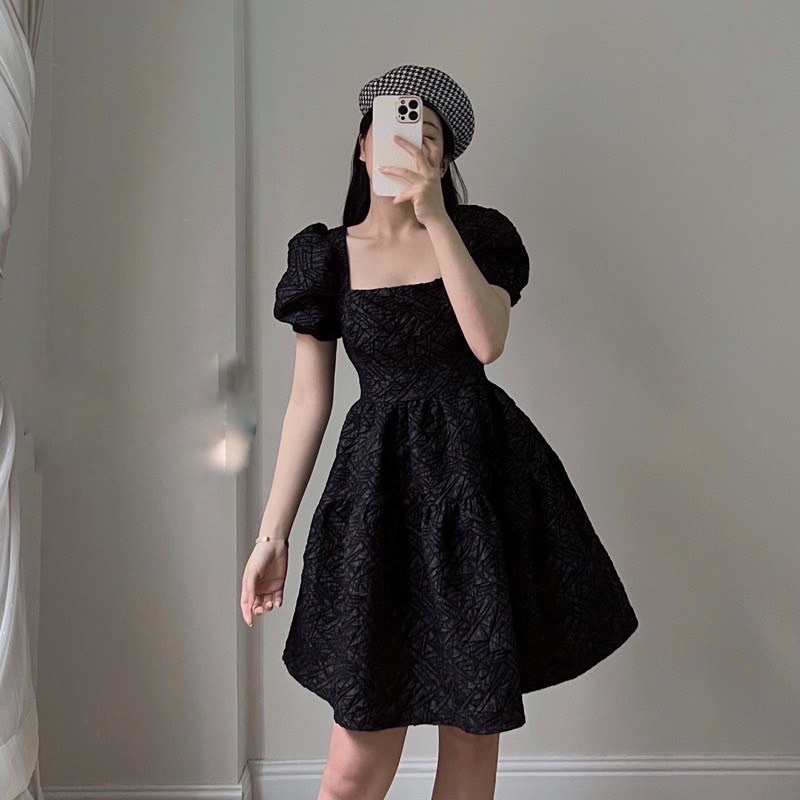 Váy Babydoll tay bồng công chúa Vintage, váy cổ vuông tay bồng cách điệu hở lưng buộc dây cao cấp V4