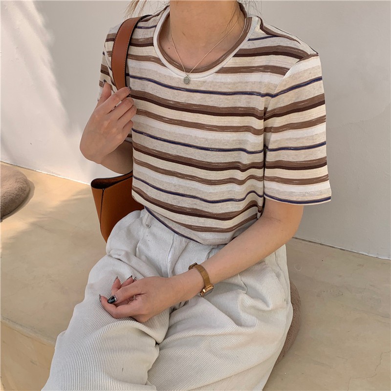 Áo Thun Nữ Tay Ngắn Kẻ Sọc Ngang Màu Sắc Trẻ Trung Thời Trang
