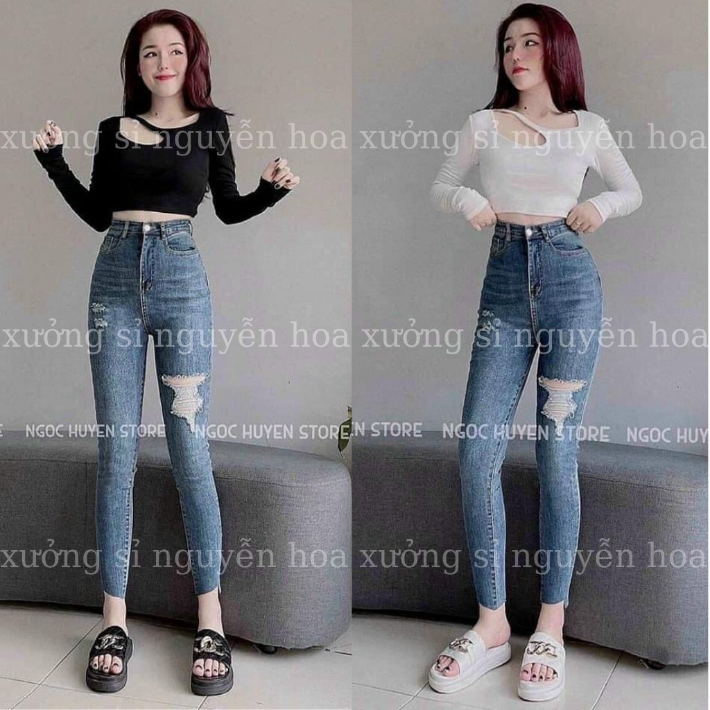 Quần jean nữ ôm rách gối lưng cao cá tính siêu tôn dáng dễ phối đồ trẻ trung năng động Xưởng sỉ Nguyễn Hoa