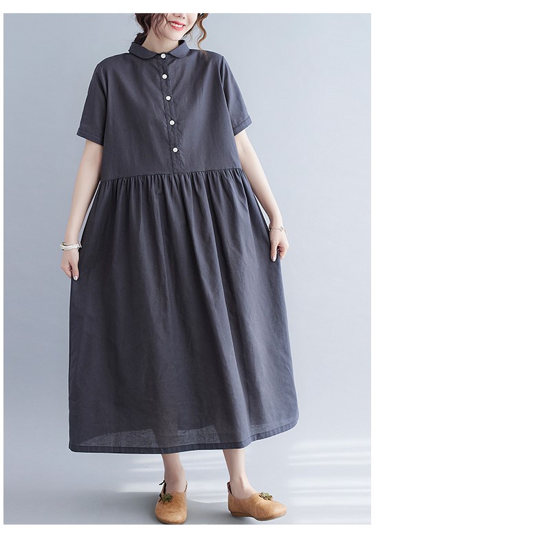 Đầm suông linen cổ sơ mi, Đầm maxi ngắn tay chất liệu linen mềm mát, thời trang phong cách trẻ D158