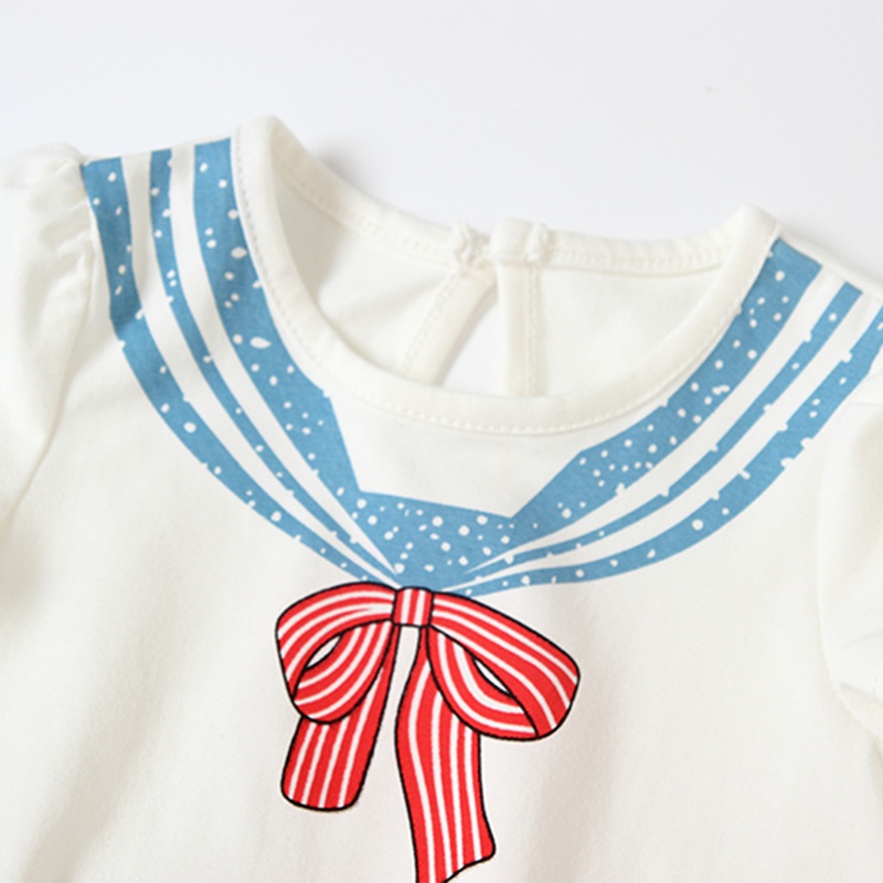 Áo liền quần vải cotton tay ngắn in hình cổ thủy thủ phối nơ phong cách hè cho bé gái