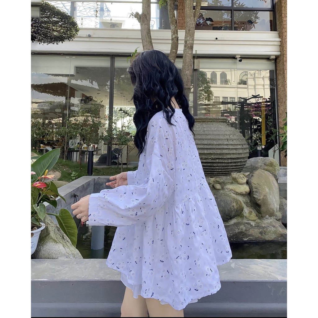 Áo Babydoll Hoa Nhí Tay Bồng Dài PEONYB Nữ [FREESHIP]  Sơ mi form rộng giấu quần màu trắng bánh bèo tiểu thư Ulzzang