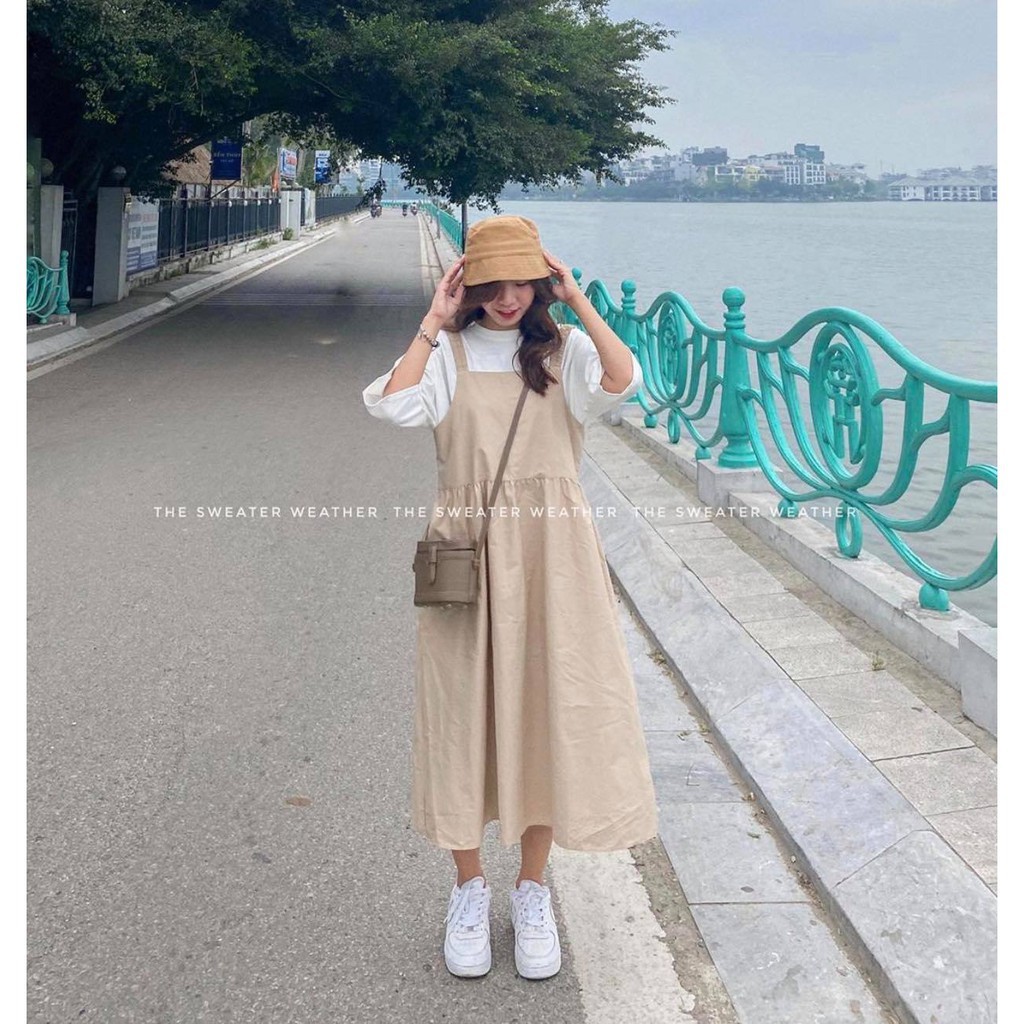 Set Yếm Kaki Và Áo Thun Vintage ❤️ Váy yếm ulzzang chất kaki kèm áo thun tay lỡ SIÊU HOT ❤️