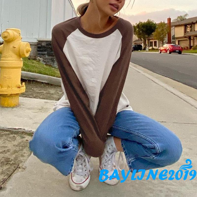 Áo thun tay dài cổ tròn màu sắc thời trang cho nữ