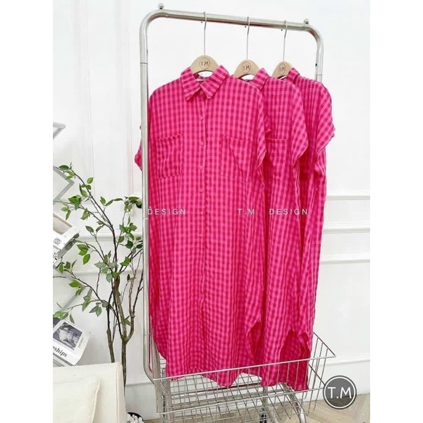 Váy kẻ caro hồng, Váy bầu sơ mi công sở cực xinh cho các chị em size 40-70kg