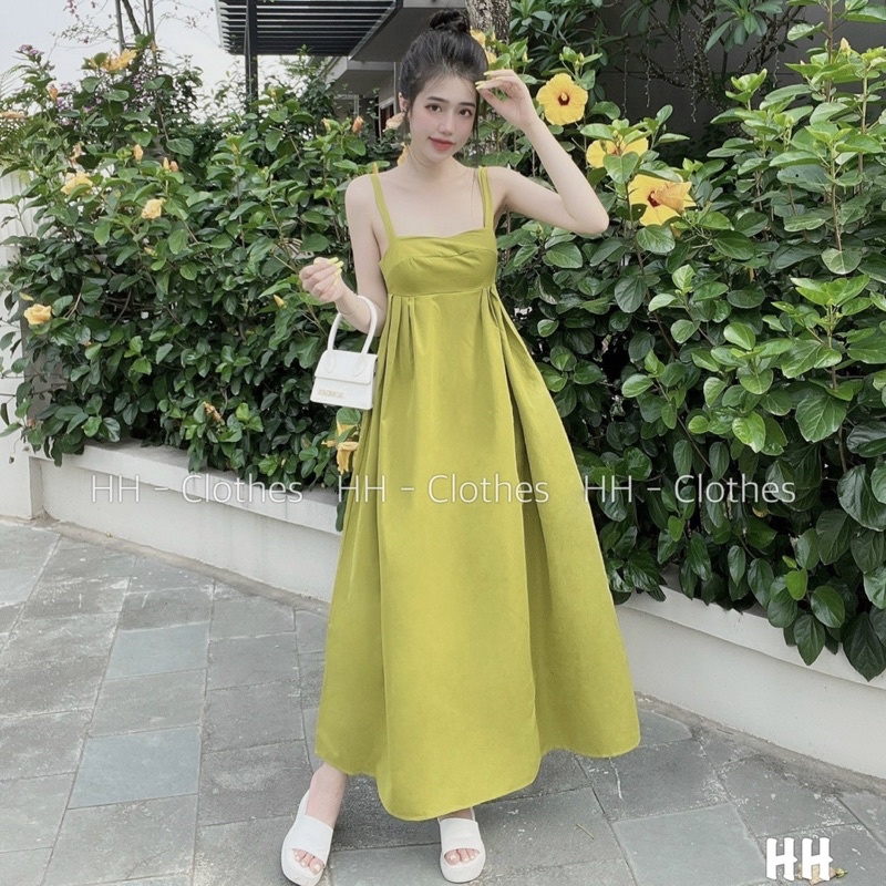 Váy maxi 2 dây nhún xếp ly dáng dài xoè Đầm 2s đi biển