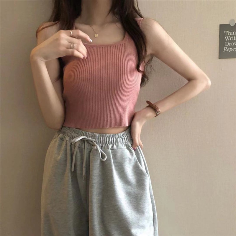 Áo croptop nữ dệt ngắn kim màu trơn Hàn Quốc đen không tay kiểu ôm body tank top vải cotton co giãn tốt