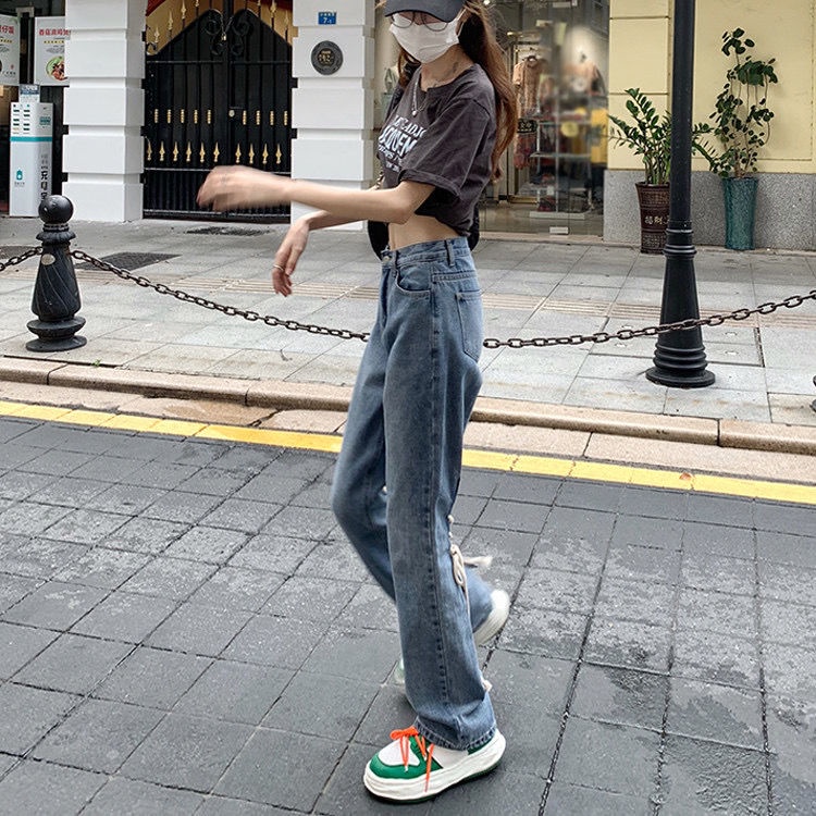 Quần jean nữ ống rộng lưng cao phối ren mẫu mới năm 2021