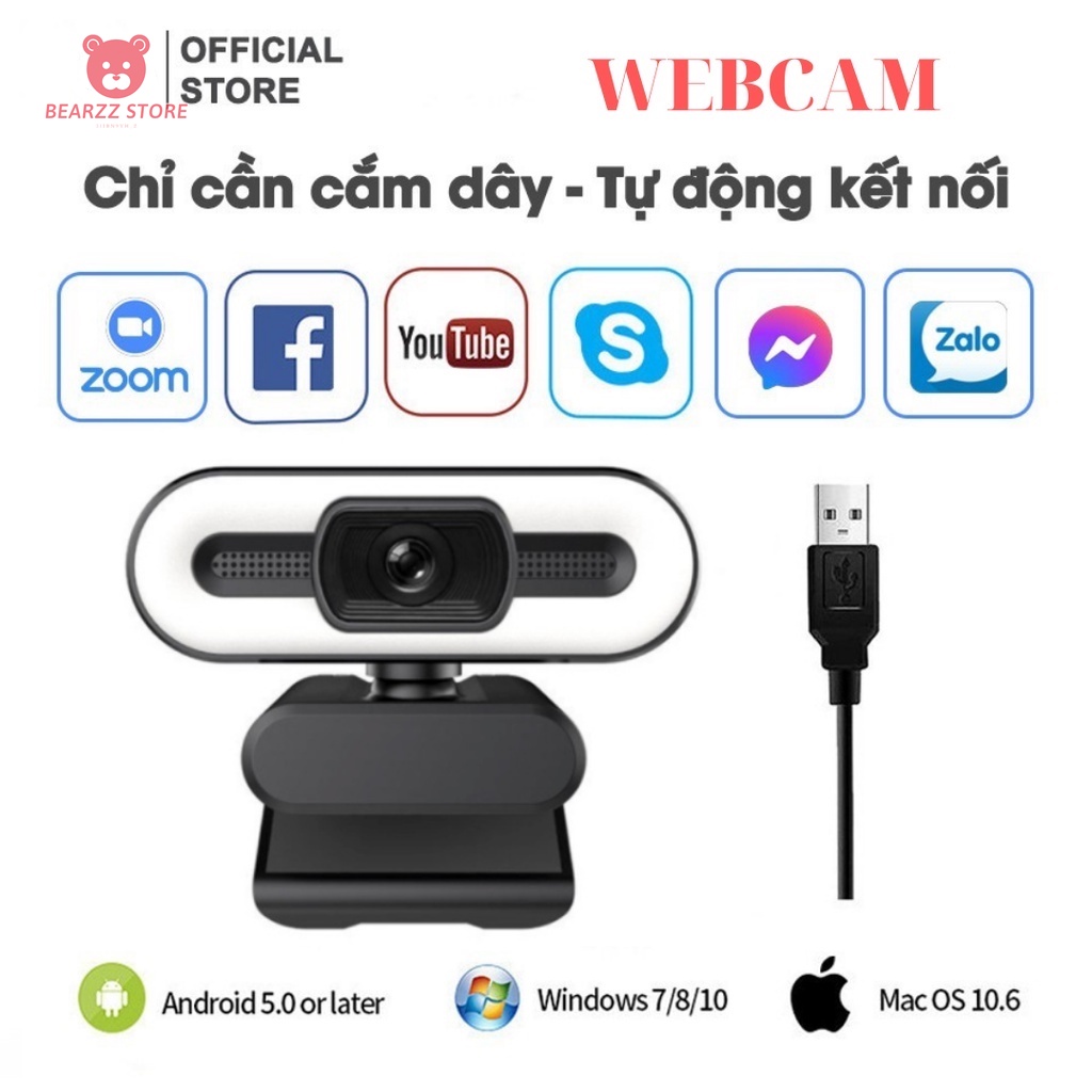 Webcam Máy Tính Thu Hình Full HD / 2K / 4K - Tích Hợp Mic và LED Vòng Cho Laptop, PC, TV...
