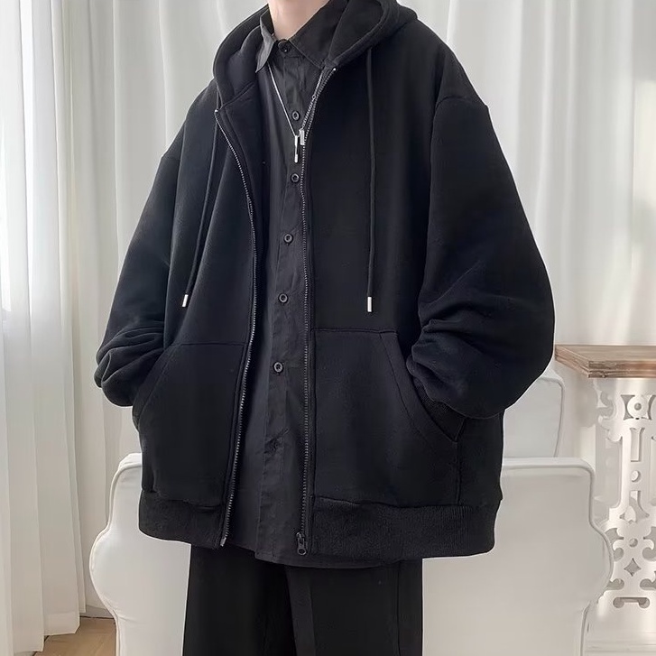 Áo Khoác hoodie Màu Trơn Phối Khóa Kéo Thời Trang Hàn Quốc Cho Nam Và Nữ