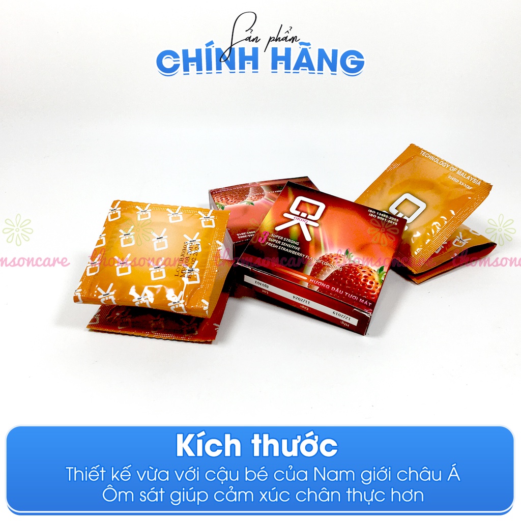 Bao cao su Ok hương dâu - giao hàng kín đáo, che tên sản phẩm - Hộp 3 chiếc bcs condom mỏng