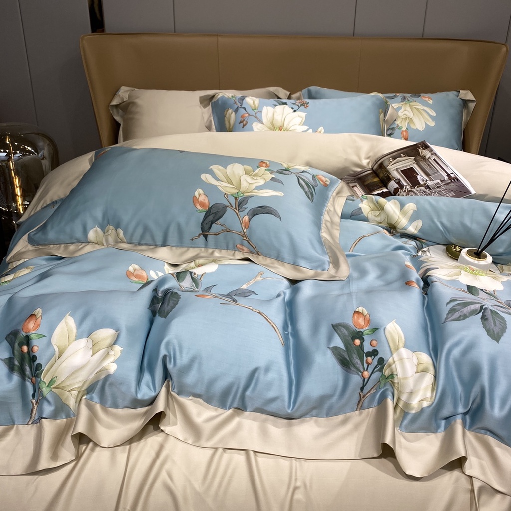 Bộ chăn ga gối cao cấp 100%Tencel 100s, họa tiết Hoa Nhài tây, biểu tượng cho cái đẹp, tình yêu, chất liệu siêu mềm mịn